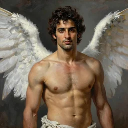 Oil painting of the handsome Avan Jogia with angel wings, naturalism, dramatic lighting, high-detailed oil painting by Ilya Repin, Michelangelo da Caravaggio, William Blake, Alex Grey and Beksinski, trending on Artsatio, masterpiece, 4k, 8k,