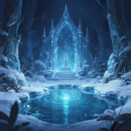 winter water garden in the elven ice palace. award - winning 3 d anime by an indie studio, heavily stylized, rimlighting, depth of field, limited palette, impressionism, chiaroscuro, bokeh.