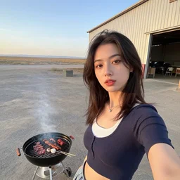 the last selfie taken on earth. it's a photo of a girl having a barbecue all by herself next to a warehouse in the middle of nowhere