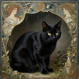 black cat with white spots taking shelter from rain, fantasy, intricate, elegant, hyper detailed, ultra definition, photoreal, artstation, unreal engine rendered, concept art, smooth, sharp focus, illustration, art by artgerm and greg rutkowski and alphonse mucha and garis edelweiss