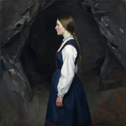 expressive portrait painting of norwegian girl in traditional bunad costume in a dark cave, medium shot, asymmetrical, profile picture, organic painting, dark moody, matte painting, bold shapes, hard edges, expressive, trending on artstation, by huang guangjian and gil elvgren and sachin teng and theodor kittelsen