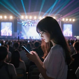 a sad lonely!! girl! looking at her phone in the middle of the crowd at a huge concert with lazers and visuals, backlit, stage