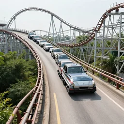 watching traffic on a steep looping rollercoaster highway, not safe
