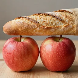 a baguette between two apples stuck together, photo realistic 4k