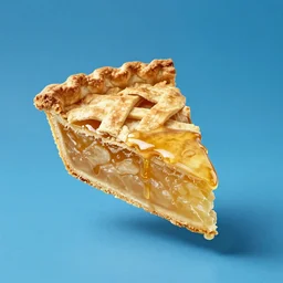 1 thick slice of apple pie floating on a blue background, chesley bonestell, vincent di fate, golden crust, large slice, dripping syrup