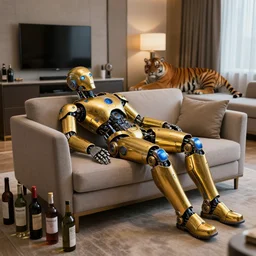 portrait photo of a shiny golden and blue metallic futuristic steampunk humanoid robot sleeping on a sofa in a modern hotel room, many bottles on the floor, a tiger behind the tv, pressphoto, insanely detailed, wide shot