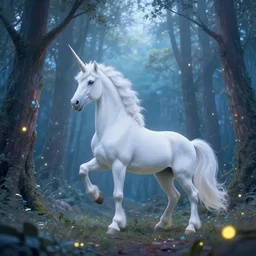 a white unicorn in the forest, fireflies flying, dreamy and crystalline atmosphere ， super wide angle ， matte painting ， rtx on ， trending on cgsociety and artstation, unreal engine ， volumetric light ， surreal