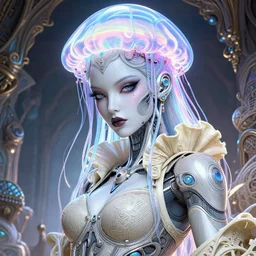 portrait of an absurdly beautiful, graceful, sophisticated, fashionable cyberpunk mechanoid gravure idol, ultrafine hyperdetailed illustration by irakli nadar, matt wisniewski style, marvel comics, intricate linework, porcelain skin, neon jellyfish headdress, ivory carved ruff, unreal engine 5 highly rendered, global illumination, radiant light, detailed and intricate environment