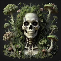 a beautiful detailed front view rococo portrait of a rotten woman corpse becoming almost a skull with fractal plants and fractal flowers and mushrooms growing around, intricate, ornate, volumetric light, beautiful lit, beetlejuice