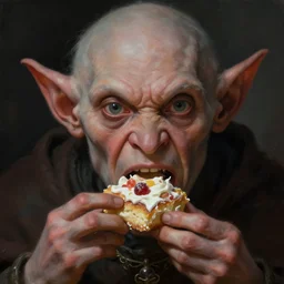 face portrait of a medieval goblin eating cakes, beautiful face, hyper realistic, highly detailed, digital painting, artstation, illustration, concept art by hyung tae and frank frazetta, digital paint, matte paint, washed colors, dark, gloomy