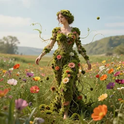 a beautiful woman mutating in to flower covered with thin tendrils and moss, by jean delville, by edmund dulac, by jean giraud, by ellen jewett, landscape photography composition, vivid colors, octane render, redshift render