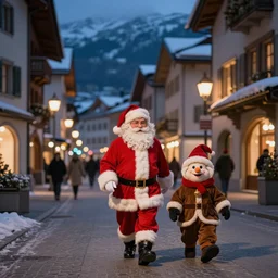 Santa Claus and Schmutzli wandering the Swiss streets at twilight, sigma 80mm