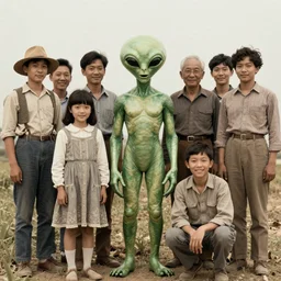 photograph of first alien on earth, posing among humans, in group photograph, vintage style, hyper realistic