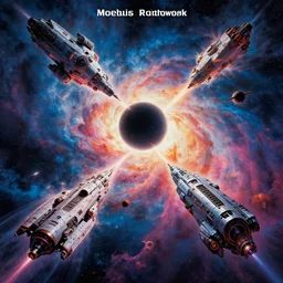 retro futuristic sci - fi poster by moebius and greg rutkowski and syd mead, epic orbital spaceships battle, nebulae, flash explosions, black hole, rule of third, high quality, cinematic, digital painting, vibrantly lush neon lighting, beautiful volumetric lighting | style atmosphere