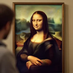 mona lisa form behind while leonardo is painting her picture