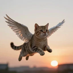 a photograph of cute cat with wings flying towards the sunset, highly detailed, photorealistic, impressionism style