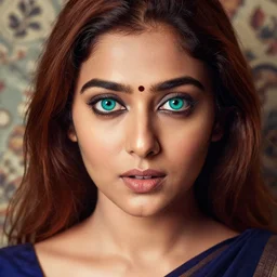 extreme close - up shot, studio photographic portrait of beautiful indian girl in sari, brown reddish hair, crystal teal pupils, haunting, looking at viewer, slightly opened lips, dynamic lighting, random outdoor wallpaper background, photorealistic, highly detailed, glamor pose, face symmetry, symmetry, 2 5 mm