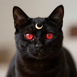 a female black cat with red eyes and a gold crescent moon in her forehead