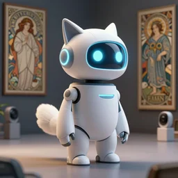 product photo of a futuristic happy surprised robot pet, minimalistic kindchenschema, by artgerm and greg rutkowski and marc newson and zaha hadid, alphonse mucha, samsung apple webcam, sleek matte glossy materials, neon, owl nycticebus fennec inspired. side view, volumetric light, detailed, octane render, midsommar