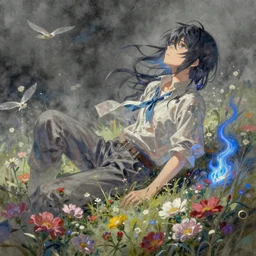 dynamic composition, motion, ultra - detailed, incredibly detailed, a lot of details, amazing fine details and brush strokes, colorful and grayish palette, smooth, hd semirealistic anime cg concept art digital painting, watercolor oil painting of sea of flowers, no face, in style of cytus and deemo, blue flame, relaxing, calm and mysterious vibes