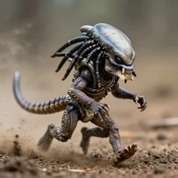 action photography, long shot, award winning macro photo of a tiny ultra detailed muddy xenomorph from predator running fast in mud, dirt and dust, fast shutter speed, motion blur, tiny gaussian blur, highly detailed, highly intricate, depth of field, national geographic