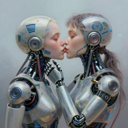 two cyborg machine kiss each other in victory kiss pose, wires bare, beautiful girl face, dreamscape, digital painting, concept art, 8 k, by anna dittmann