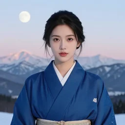 portrait shot of a beautiful young woman, structured features, wearing a blue kimono, centered in a landscape of snow capped mountains with a pale moon overhead, horizon cinematic octane render 8 k trending on artstation