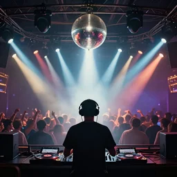 beautiful digital art of a dj on stage spinning records with headphones looking over crowd dancing at a club by greg rutkowski, silhouette, volumetric lighting, haze, moving heads light beams, spot lights, disco ball, trending on artstation, 4k, unreal engine, intricate, ornate