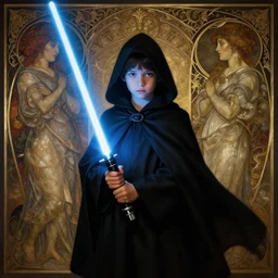 perfectly - centered - portrait of a kid wearing black cloak holding light saber, intricate, highly detailed, digital painting, artstation, concept art, smooth, sharp focus, illustration, unreal engine 5, 8 k, art by artgerm and greg rutkowski and alphonse mucha