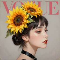 sunflower tiara, masquerade ball eye shadow makeup, korean audrey hepburn, vogue magazine, greg rutkowski, john singer sargent, trending on artstation, anime, oil painting, side profile portrait, looking right, serene, intricate