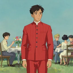 artwork by Michael Whelan, Bob Larkin and Tomer Hanuka, of a solo individual portrait of an Indian guy with flowers going on a date wearing a 1920s red striped outfit, dapper, simple illustration, domestic, nostalgic, full of details, by Makoto Shinkai and thomas kinkade, wes anderson, wes anderson, wes anderson, wes anderson, wes anderson, Matte painting, trending on artstation and unreal engine