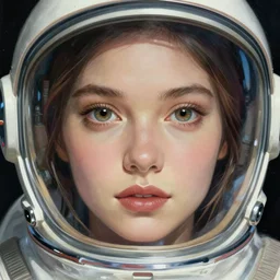 artwork by james jean and Phil noto; a close up on the face of a beautiful woman in a future space suit; wearing futuristic astronaut helmet; highly detailed; pretty eyes; circular black pupils; artwork by james jean and Phil noto