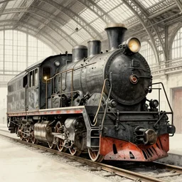 an ancient type 1 2 locomotive, detailed, intricate, paris railway station background, photorealism, volumetric lightsby moebius and ricardo robles, marco turini, ink, gouache, ilustration, octane render