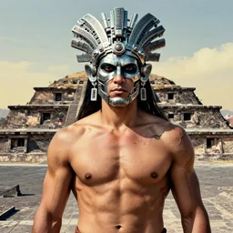 ripped physique portrait Man wearing nanotech headcrest as Quetzalcoatl spirit god emperor of tenochtitlan Citadel brad rigney norman rockwell ruan jia greg rutkowski tombow