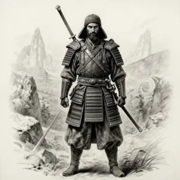 Kurdish samurai, detailed charcoal sketch, realistic, incredibly detailed, award winning art, cinematic, extremely high detail, concept art, 4k fantasy art, trending on artstation, full body shot