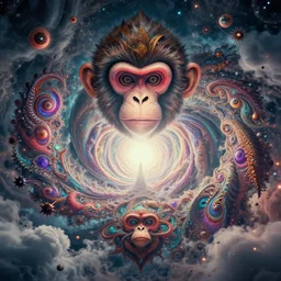 lsd visuals dmt visuals shroom visuals a monkey face spirals and fractal designs infinity by Paul Lehr and moebius and beeple and in the middle a portal back to reality, filmic, cinematic, into the void, octane render, pbr, path based rendering, volumetric clouds, particle physics, glorious