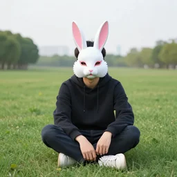 a person sitting in the grass with a bunny mask on by albright ivan,