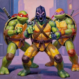 “The Shredder fighting the Teenage Mutant Ninja Turtles, colorful oil painting.”