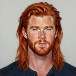 a portrait of red - haired chris hemsworth long hair, clean - shaven vivid colors, photorealistic painting by mandy jurgens, trending on artstation, photorealism, detailed painting, behance hd, hyper realism