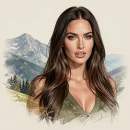 double exposure realism tattoo sketch of megan fox with beautiful mountain scenery, in the style of andrey lukovnikov