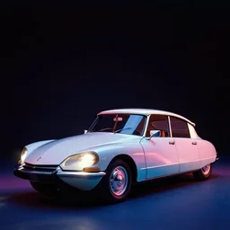 designed by  Giorgetto Giugiaro stylized poser of a single 1972 Citroen DS, neon lights, ektachrome photograph, volumetric lighting, f8 aperture, cinematic Eastman 5384 film