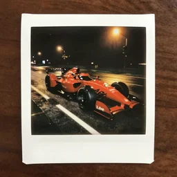 Polaroid shot of red race car under street light, rainy day, nighttime