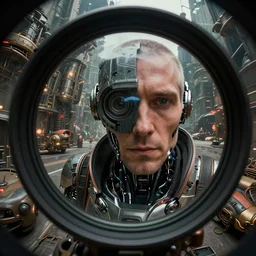Fish eye lens way too close to the cyborg man's face, cyberpunk background with steampunk vehicles. Cinematic, Award winning, ultra high resolution, intricate details, rendered with unreal engine, UHD 8K