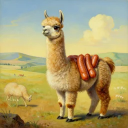 a surrealist detailed cartoonish funny painting of a llama made out of frankfurter sausages. in the style of salvator dali. alpaca