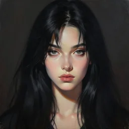 maria felix with long black hair, close up, rim lighting, portrait, sinister atmospheric lighting. highly detailed painting by greg rutkowski, anime style