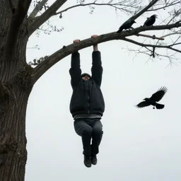 a man is hung on a tree branch, gloomy style, two crows are flying, black and white photography, creepy, stylization of an illustration to a picture from a book