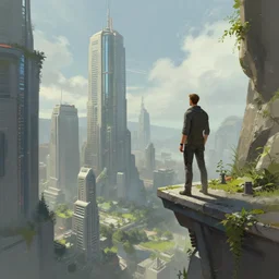 a futuristic cityscape with a man standing on a ledge, concept art by senior environment artist, cgsociety, environmental art, concept art, artstation hq