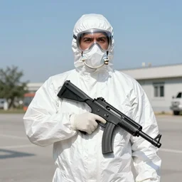 a man wearing a hazmat suit holding an uzi 9mm, sunny day, film still, Arriflex lens