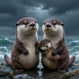 my little everything, happy brave magical cuteness, fantasy otter love, otters holding hands side by side in the scary stormy sea, he holds her while she sleeps, hyper - realism, 8 k octane render