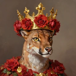 lynx wearing a crown!!!! made out of roses and (((((golden leaves))))), a majestic crown!!!!!!, an expressive digital painting, high quality art,